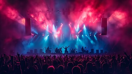 A vibrant music band performing under a large festival tent with an enthusiastic crowd dancing and singing along Stock Photo with copy space