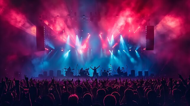 A vibrant music band performing under a large festival tent with an enthusiastic crowd dancing and singing along Stock Photo with copy space