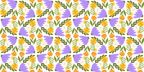 Continuous pattern featuring floral elements. Botanical-inspired recurring fabric or wallpaper design with yellow, orange, and large lilac flowers, assorted leaves.