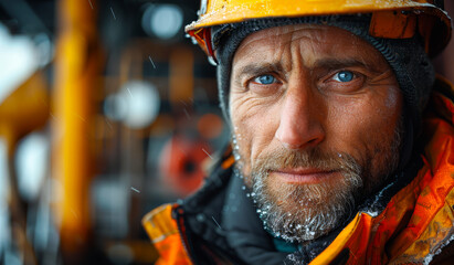 Fototapeta premium A man with a beard and a yellow helmet is standing in the rain. He has a blue eye and a blue shirt