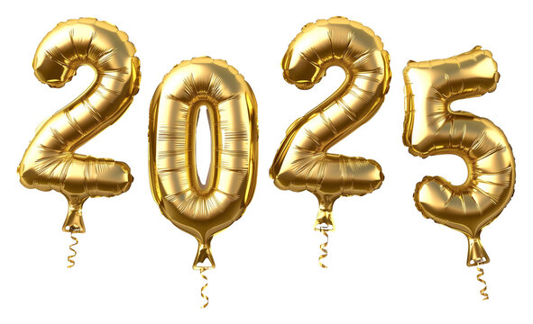 2025 in golden foil balloons shaped, isolated against transparent background. Happy new year concept