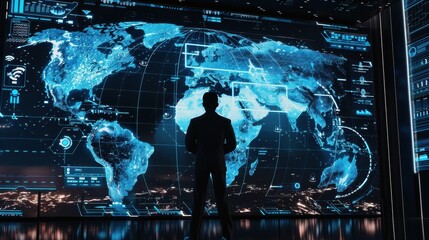 An IT professional reviewing global cyber threat levels from AI on a large digital globe interface, with hotspots highlighted. 