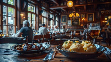 A detailed view of traditional Bavarian plates filled with hearty dishes like pork knuckles and potato dumplings with diners enjoying their meals in the background Stock Photo with copy space