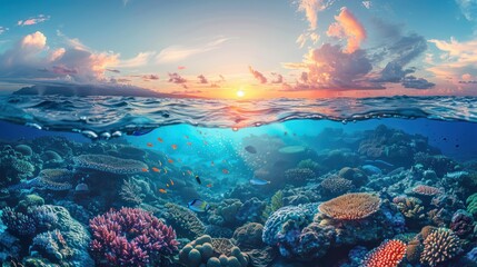 Obraz premium Underwater and above water view with coral reef marine life