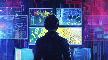 A banner showing an IT specialist in front of multiple screens, visually tracing a network breach caused by an AI, with digital maps and code snippets in the background. 