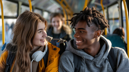A cheerful Latin teenage boy and girl in the bus