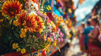 Close up of a beautifully decorated float passing by with participants in traditional Bavarian clothing waving to the crowd Stock Photo with copy space