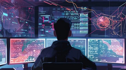 A banner showing an IT specialist in front of multiple screens, visually tracing a network breach caused by an AI, with digital maps and code snippets in the background. 