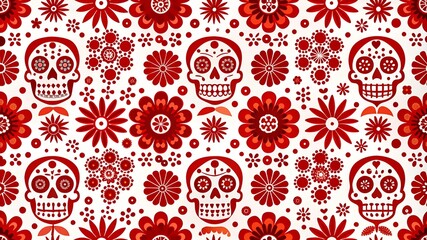 Mexican folk art vector seamless pattern with skulls, Halloween decor, flowers and abstract shapes, black and white textile design