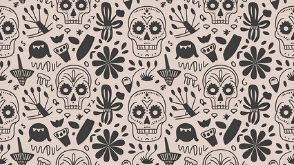 Fototapeta premium Mexican folk art vector seamless pattern with skulls, Halloween decor, flowers and abstract shapes, black and white textile design