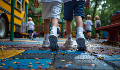 Two children are walking on a playground with other children. The playground is colorful and has a bus parked nearby