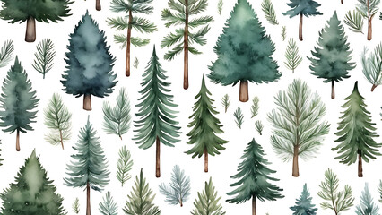 Obraz premium seamless pattern with watercolor pine trees and spruces hand drawn on white background