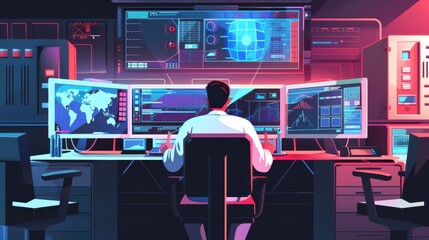 An IT expert in a cyber security lab testing AI applications for vulnerabilities, with screens showing pass/fail rates and risk levels. 