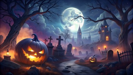 Pumpkins In Graveyard In The Spooky Night - Halloween Backdrop. Ai generate