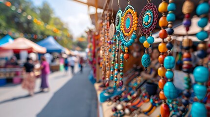 Visitors exploring a vibrant market examining intricately designed jewelry and accessories crafted by local artisans with the artist engaging customers in conversation Stock Photo with copy space
