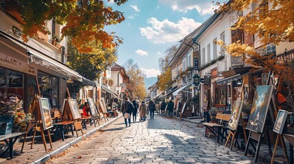 Fototapeta premium People enjoying a cultural market atmosphere admiring hand painted artworks displayed on easels while artists capture the vibrant scene with their brushes and palettes Stock Photo with copy space