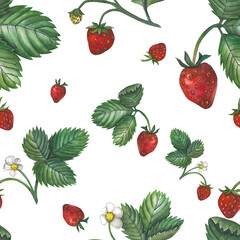 Watercolor seamless pattern of strawberries with leaves. Hand-drawn, isolated on a transparent background