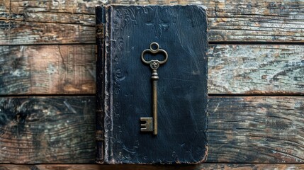 Vintage key on black leather book cover and wooden table seen from above