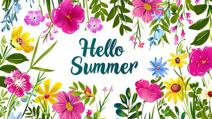 A beautiful floral design features vibrant blooms and lush greenery surrounding the text "Hello Summer" on a clean white background