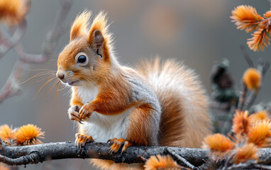 Fototapeta premium A squirrel is sitting on a branch with orange leaves. The squirrel is eating something.