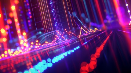 Fototapeta premium Geometric sound waves and bright neon colors against a dark background.