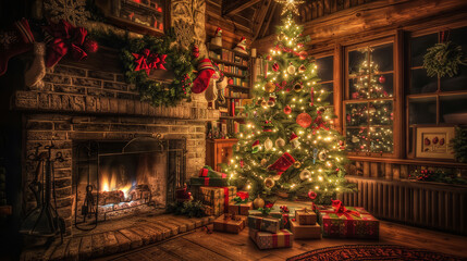 Obraz premium A beautifully decorated Christmas tree stands tall beside a cozy fireplace, adorned with twinkling lights and festive ornaments
