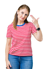 Middle age mature woman wearing casual t-shirt over isolated background Shooting and killing oneself pointing hand and fingers to head, suicide gesture.