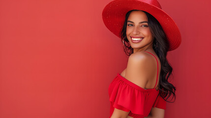 A cheerful Latina woman stands against a vibrant red background, exuding summer vibes in a stunning red dress and matching hat