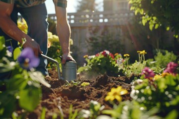 Obraz premium A bright, sunny backyard scene of a person planting flowers in a garden bed, with gardening tools