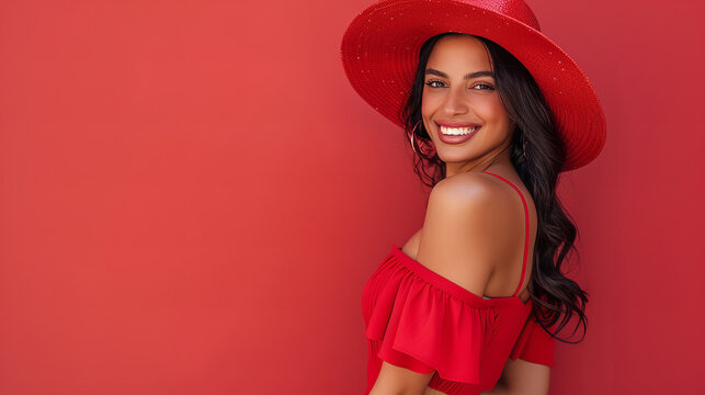 A cheerful Latina woman stands against a vibrant red background, exuding summer vibes in a stunning red dress and matching hat