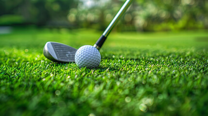A closeup captures a golf club poised to strike a golf ball resting on lush green grass