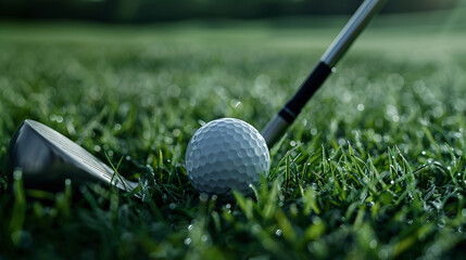 A closeup captures a golf club poised to strike a golf ball resting on lush green grass