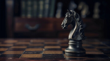 A wooden black chess piece knight or horse stands on a chessboard, isolated from the background, strategic game, decision and tactical move, checkmate and victory, challenge and success, intelligence 