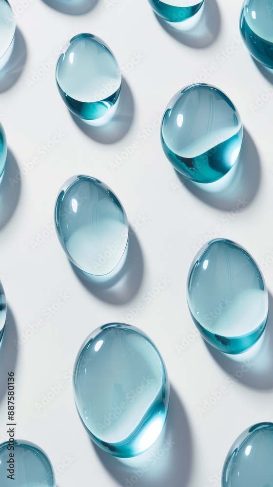 Aufkleber serene array of blue glass sculptures on a soft white background in pastel light