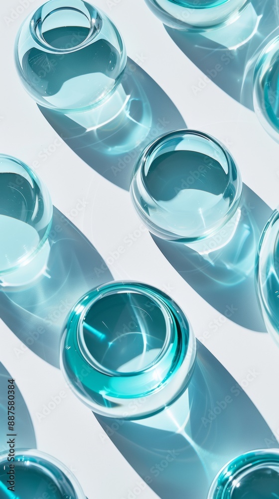 Aufkleber abstract array of blue glass sculptures on white background in sunny, artistic pattern