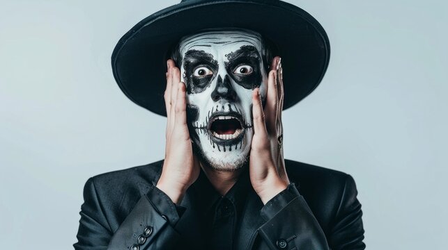 A man in a black hat and a white face paint with a skull on it is screaming