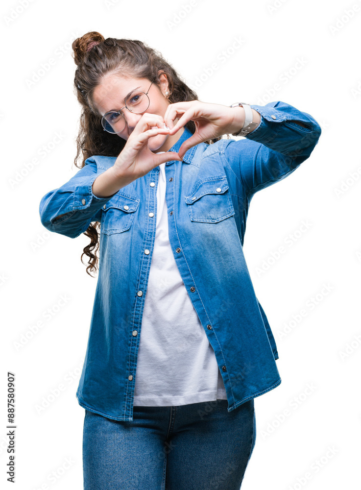 Poster beautiful young brunette curly hair girl wearing glasses over isolated background smiling in love sh