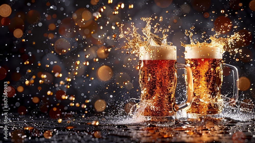 Aufkleber close up of two beer mugs clinking together with golden beer splashing out set against the backdrop 
