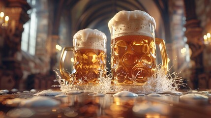 Close up of two beer mugs clinking together with golden beer splashing out set against the backdrop of a traditional Bavarian beer hall Stock Photo with copy space