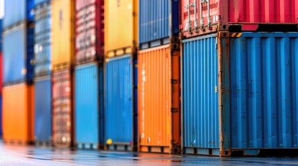 Fototapeta premium Colorful shipping containers stacked in a row, representing global trade, logistics, and transportation industry.