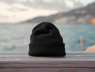 Simple black knit beanie outdoors ocean coastal cliff adventure rugged nature blank mockup hat POD template windy seascape fashion travel cold weather style lifestyle coastal print of demand plain ad