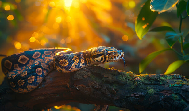 A snake is on a tree branch in the sun. The snake is black and yellow