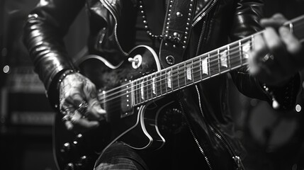 Obraz premium Close-Up Photo Of An Electric Guitar Player In A Leather Jacket, Black And White Photo, Intense And Stylish, High Quality Background