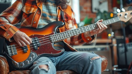 Obraz premium Close Up Of A Bass Guitarist Playing Guitar While Sitting On The Chair, Detailed And Skilled, High Quality Background