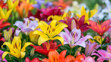 Fototapeta premium A vibrant array of multi-colored Asian lilies blossoms in a summer garden, creating a captivating and colorful display