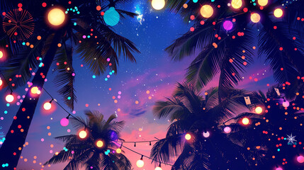 A vibrant night summer party advertisement background features a dazzling array of colorful lights and a starry sky