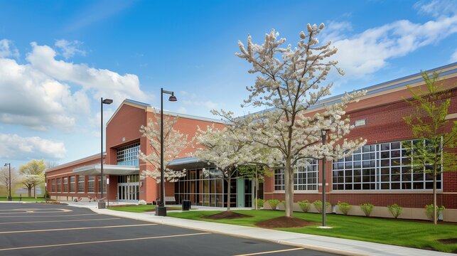 American Elementary School Building Exterior with Red Brick Facade and Spring Trees