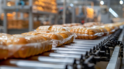 Steady stream of crisply wrapped baked loaves bags of chips and sealed containers moving down a sleek high speed conveyor in a state of the art food processing plant