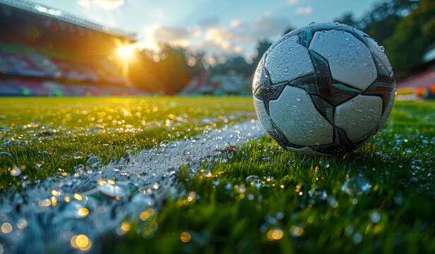 A soccer ball is sitting on a wet field. The field is green and the sun is shining brightl