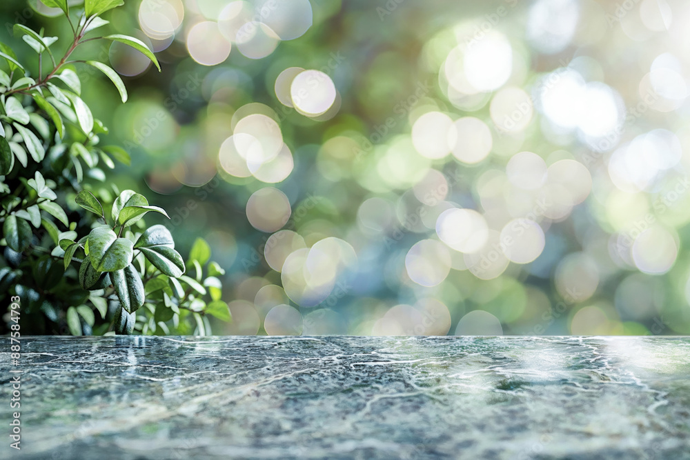 Aufkleber Empty marble table with a green bokeh with leaf plant side background, perfect for spring or summer themes and product display